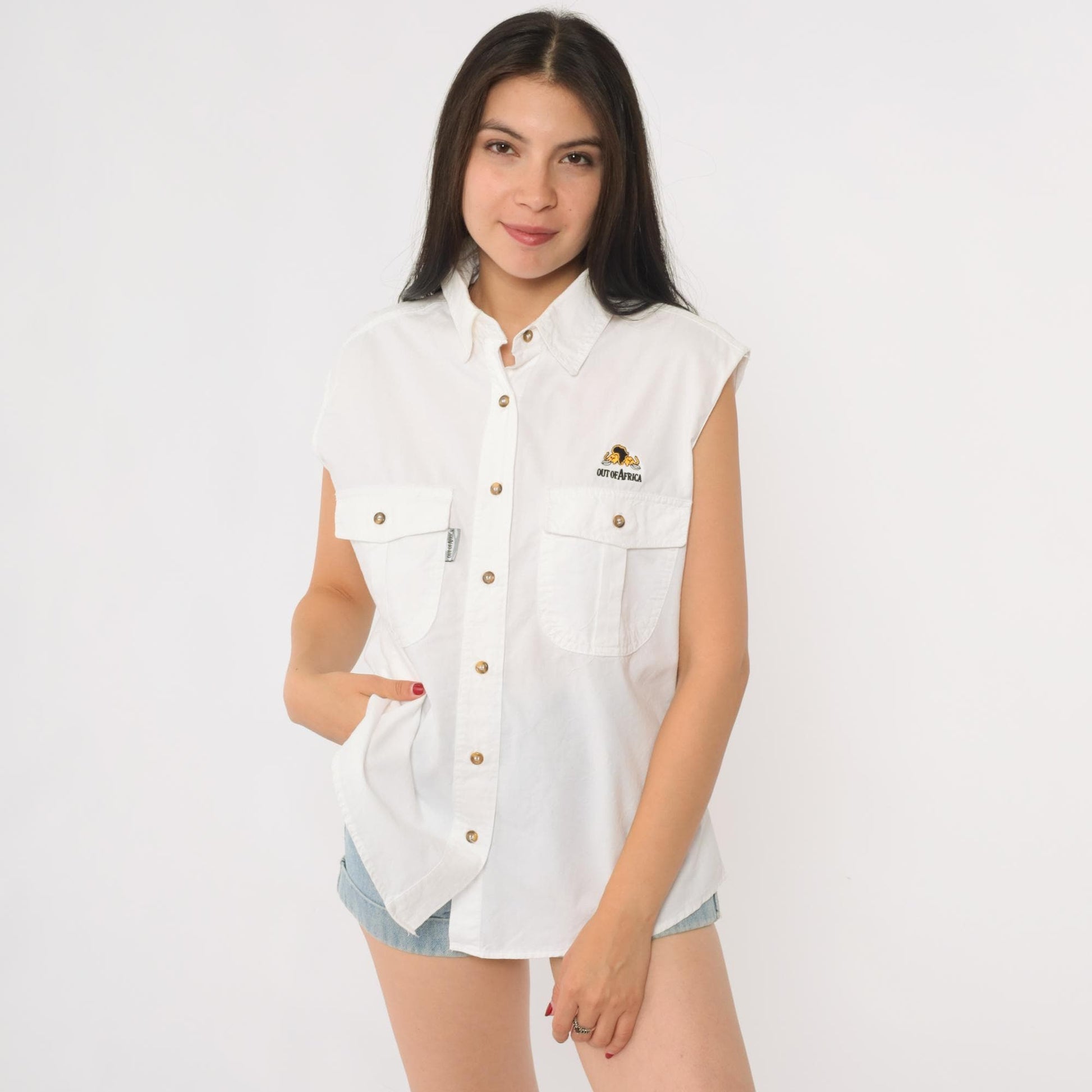 90s Out of Africa Safari Shirt White Sleeveless Button Up Embroidered Elephant Large