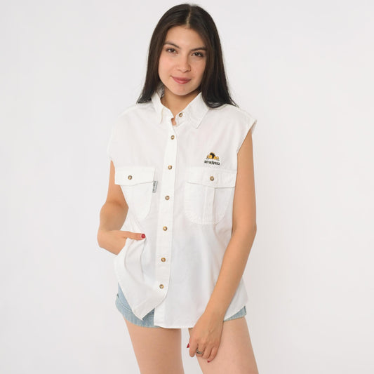 90s Out of Africa Safari Shirt White Sleeveless Button Up Embroidered Elephant Large