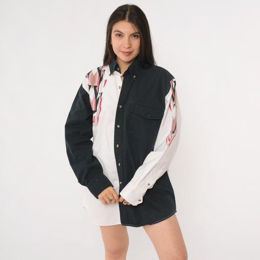 90s Southwestern Color Block Western Button Up Shirt Black White Extra Large