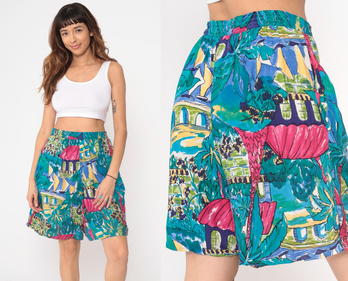 90s Laurel Sport Tropical Shorts Sailboat Palm Tree Print High Waist Small S