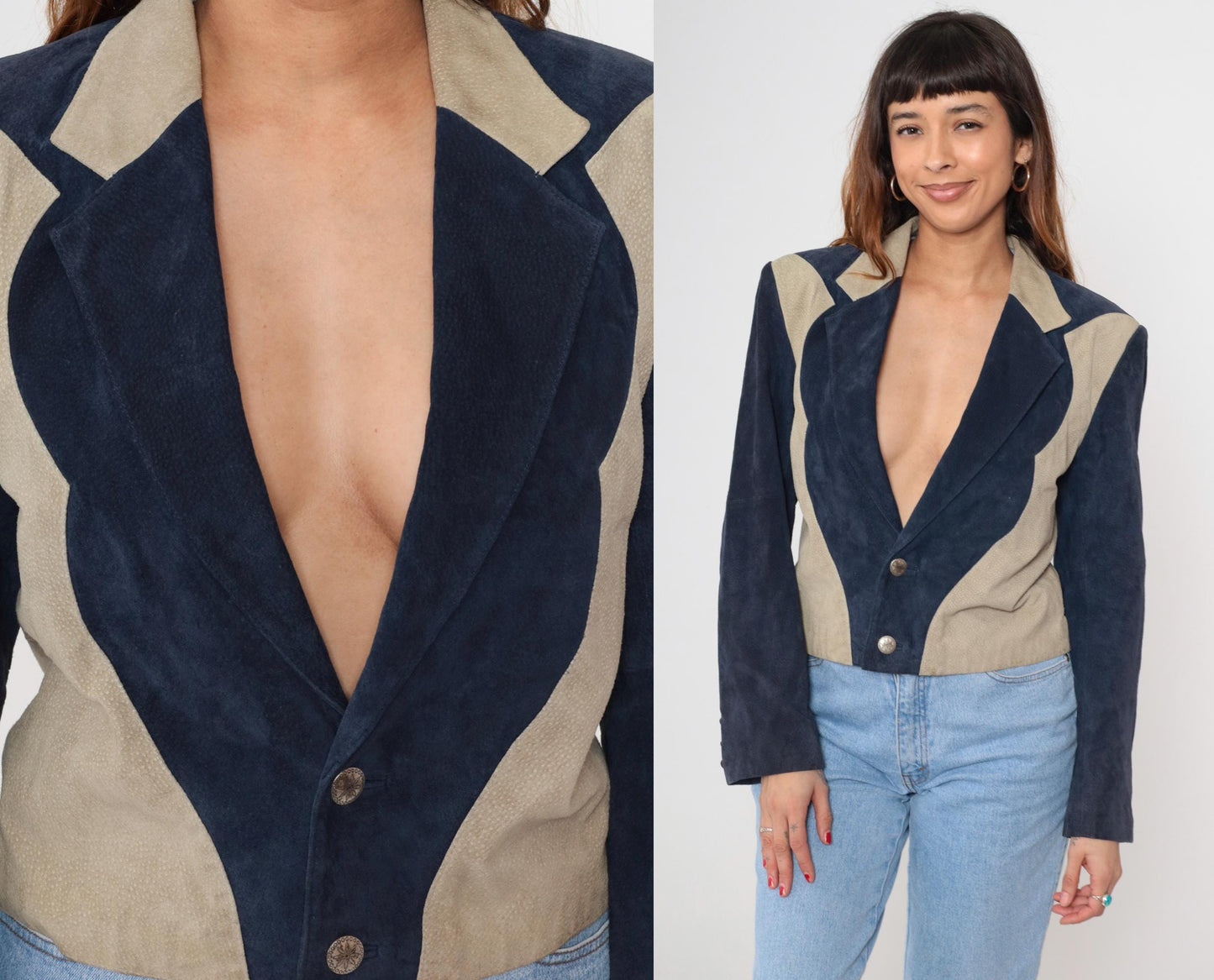 90s Scully Western Blazer Navy Beige Genuine Leather Jacket Medium M