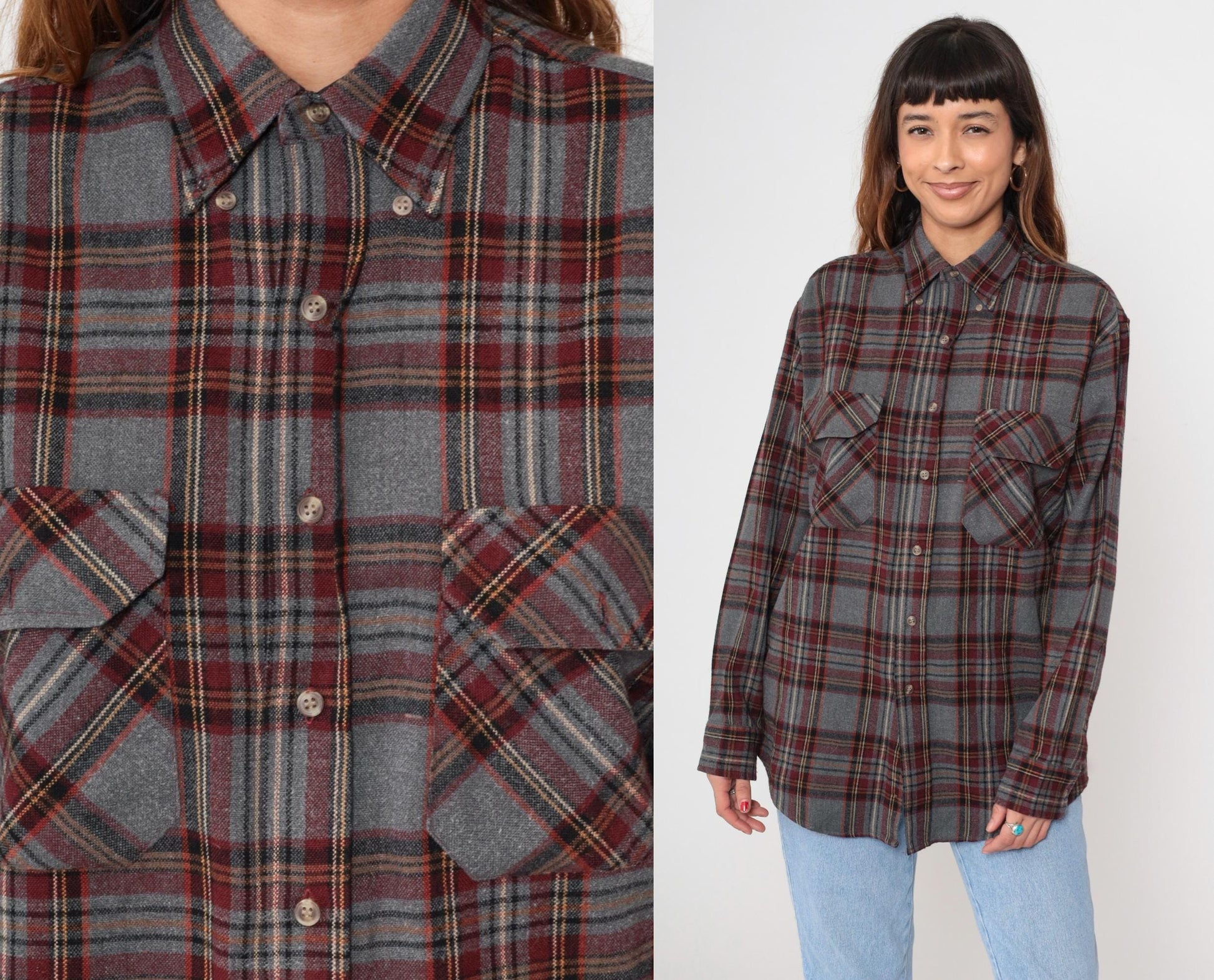 90s Outdoor Exchange Flannel Shirt Grey Red Plaid Button-Up Small S