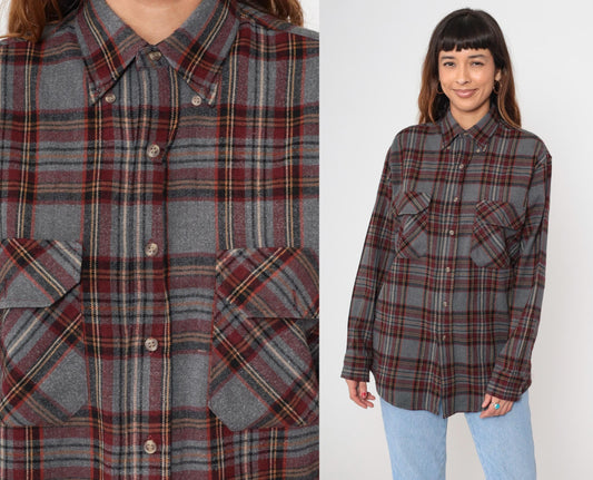 90s Outdoor Exchange Flannel Shirt Grey Red Plaid Button-Up Small S