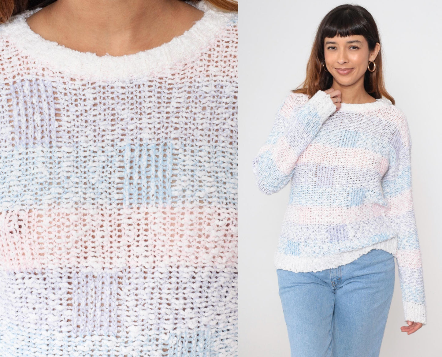 80s Striped Popcorn Knit Sweater Baby Pink Blue Purple Puff Sleeve Small
