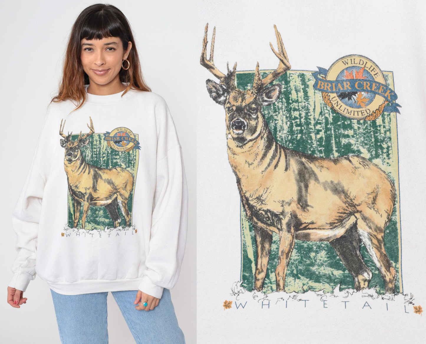 90s White Tail Deer Graphic Sweatshirt Off White Crewneck Pullover Extra Large