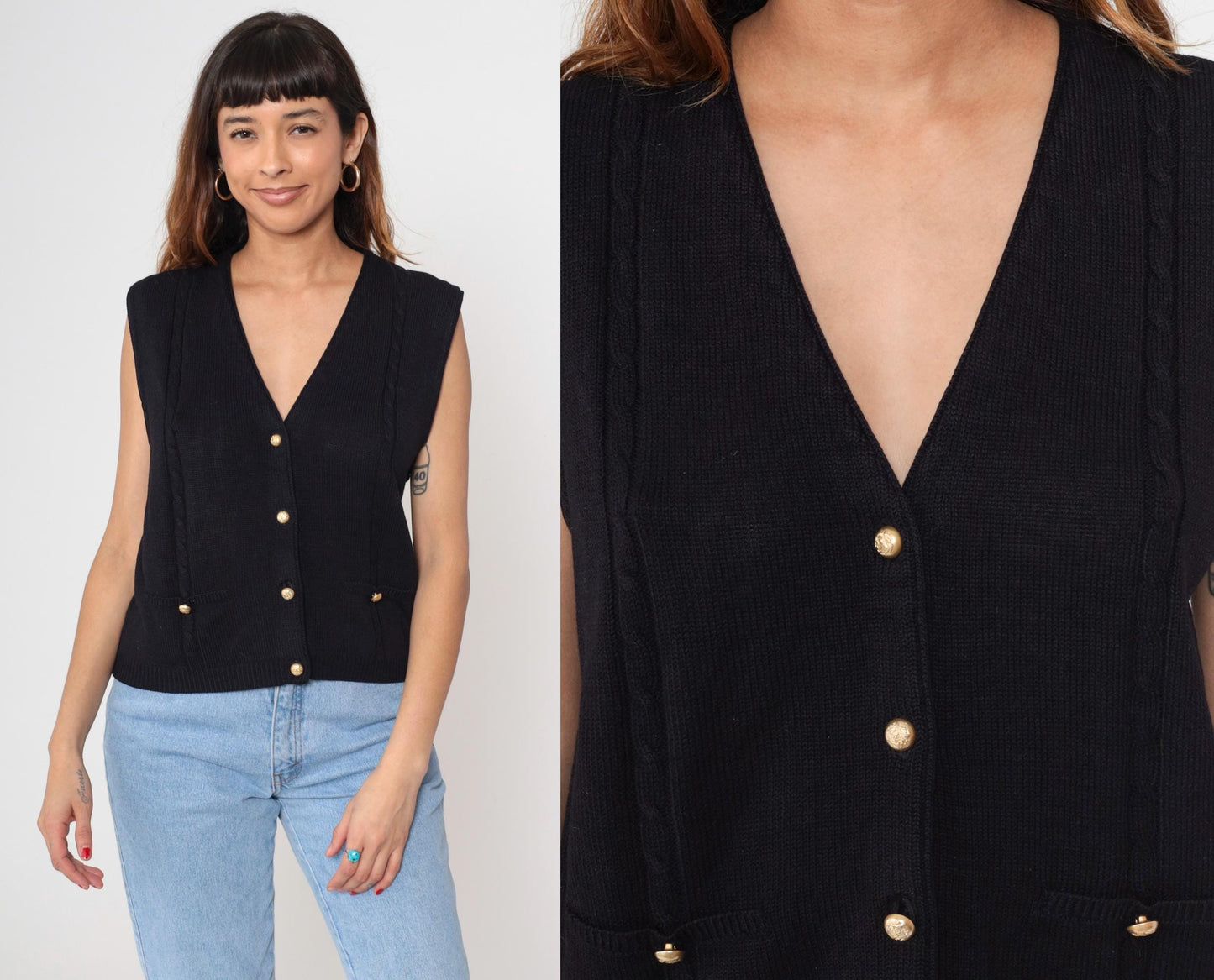 90s Black Knit Vest Deep V Neck Button Front Sleeveless Cardigan Medium