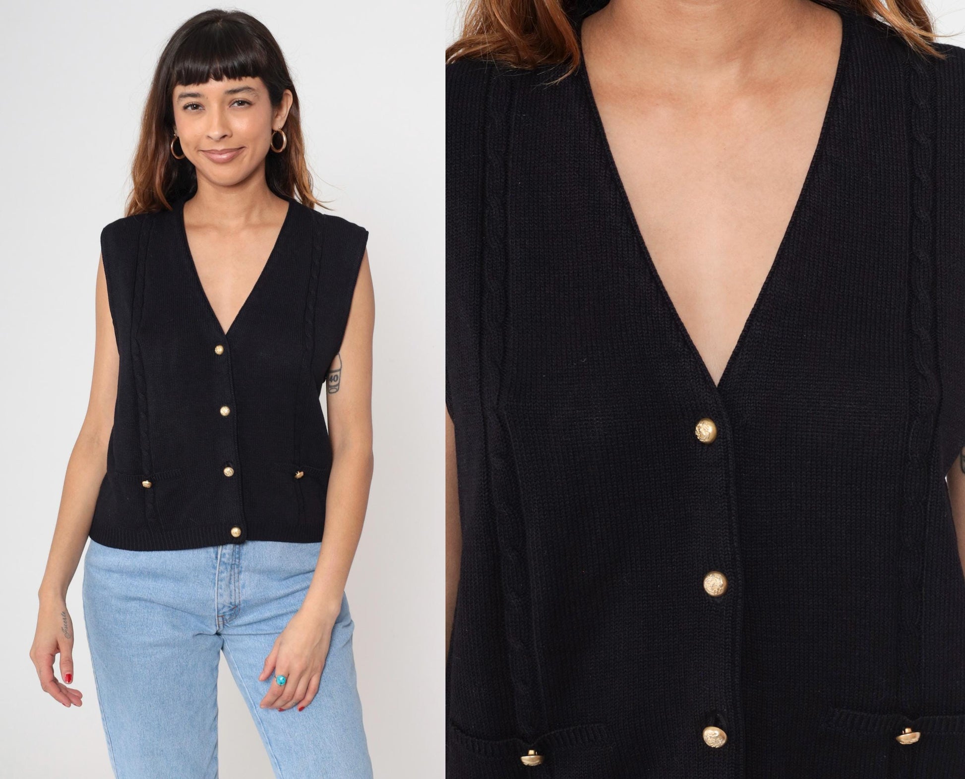 90s Black Knit Vest Deep V Neck Button Front Sleeveless Cardigan Medium