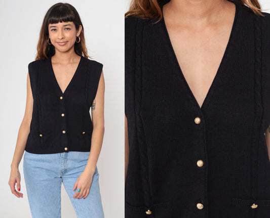 90s Black Knit Vest Deep V Neck Button Front Sleeveless Cardigan Medium