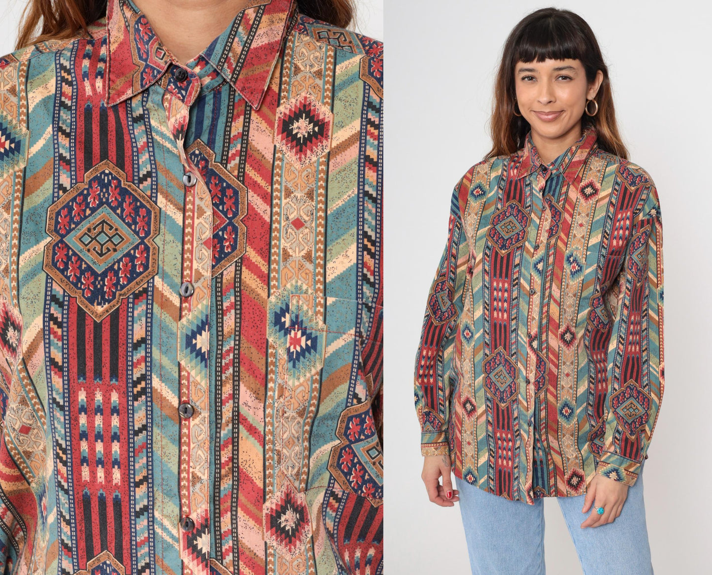 90s Margo's Southwestern Tribal Print Button-Up Shirt Cotton Large L