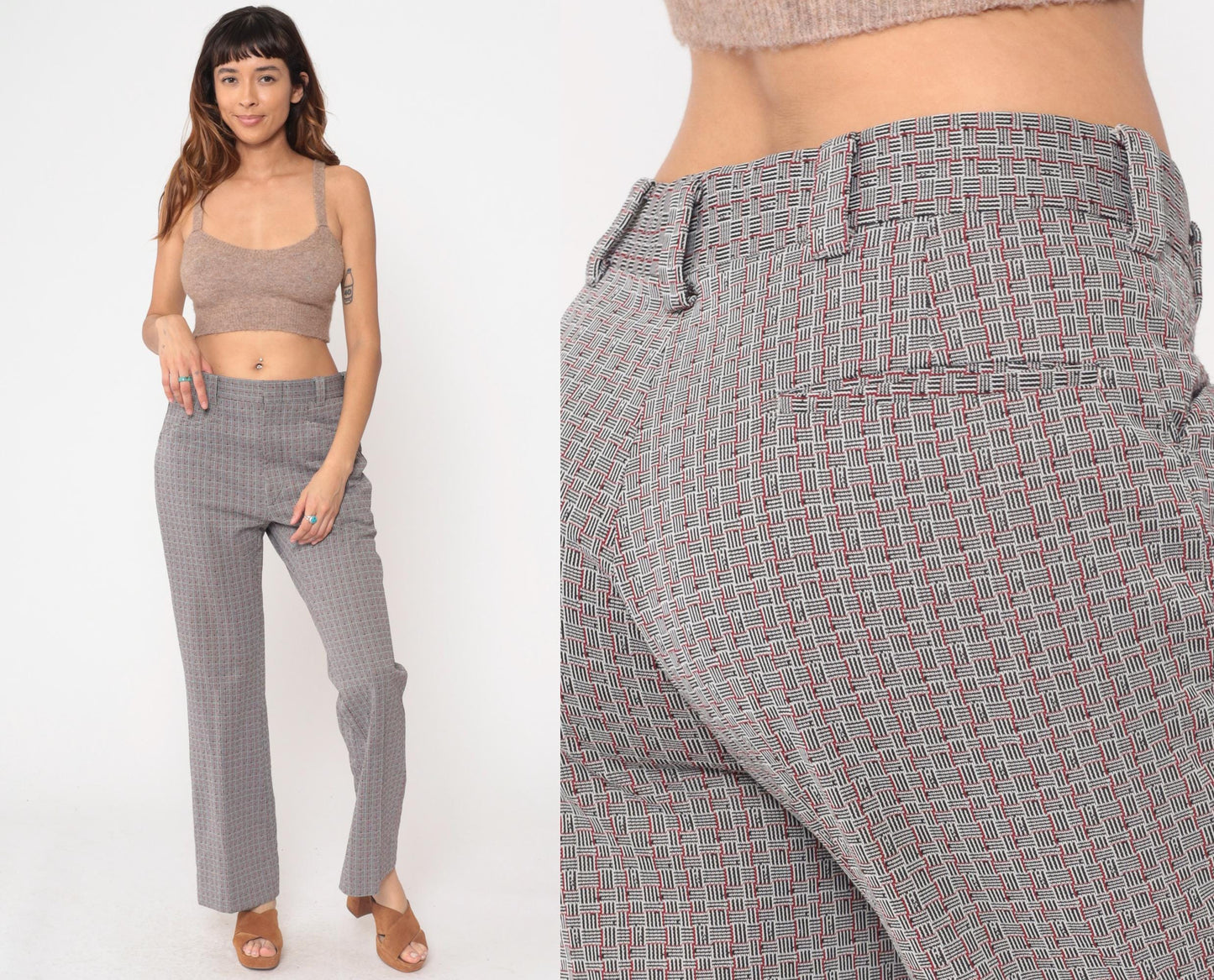 70s Grey Plaid Straight Leg Trousers High Waisted Checkered Cotton Blend Medium M