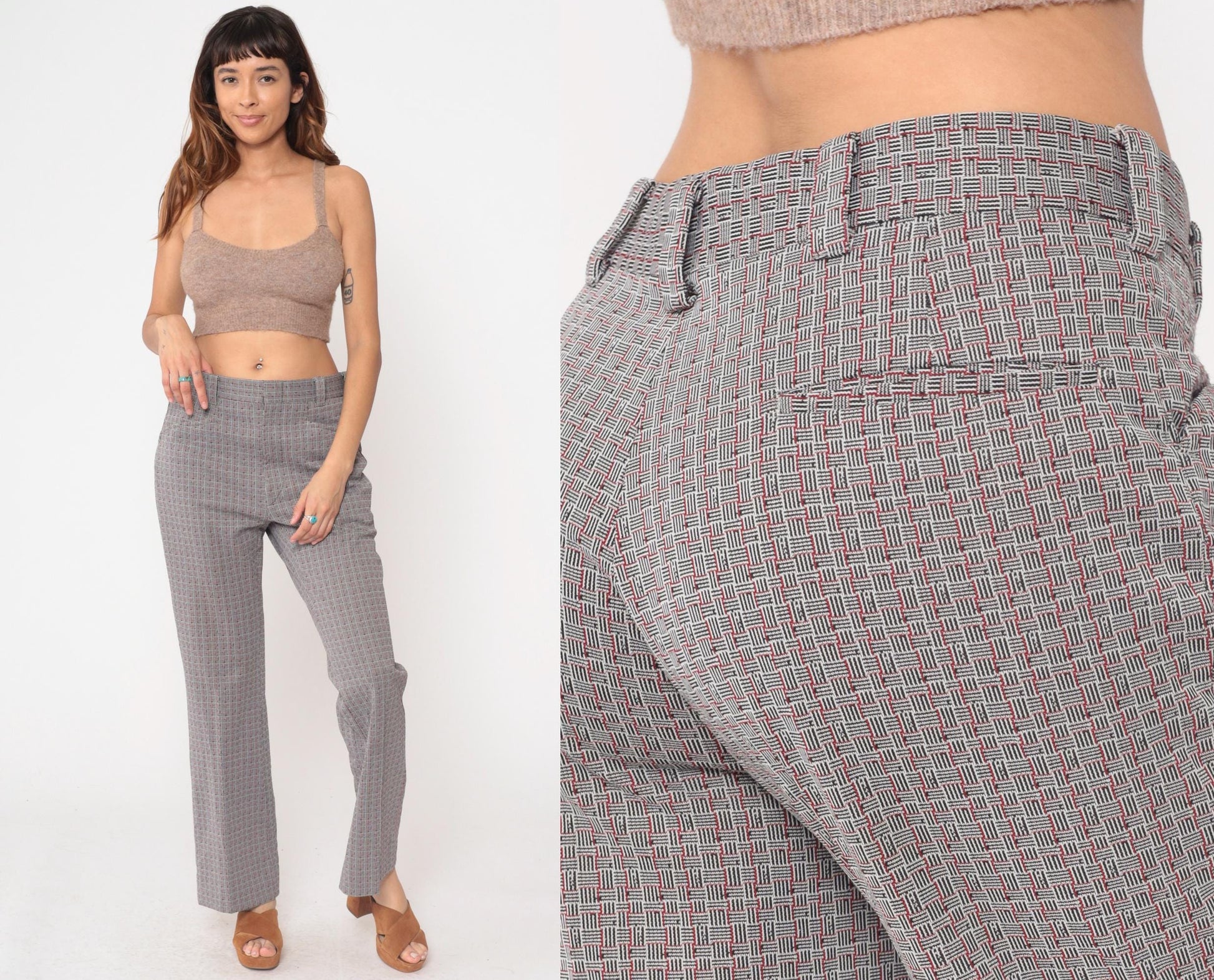 70s Grey Plaid Straight Leg Trousers High Waisted Checkered Cotton Blend Medium M