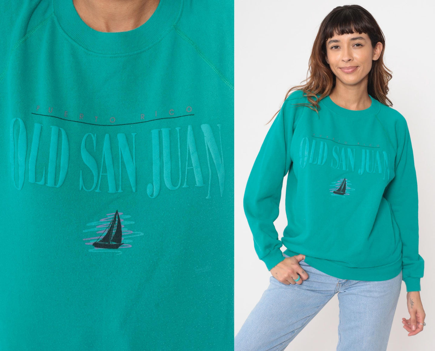 90s Hanes Turquoise Old San Juan Sailboat Raglan Sweatshirt Large L
