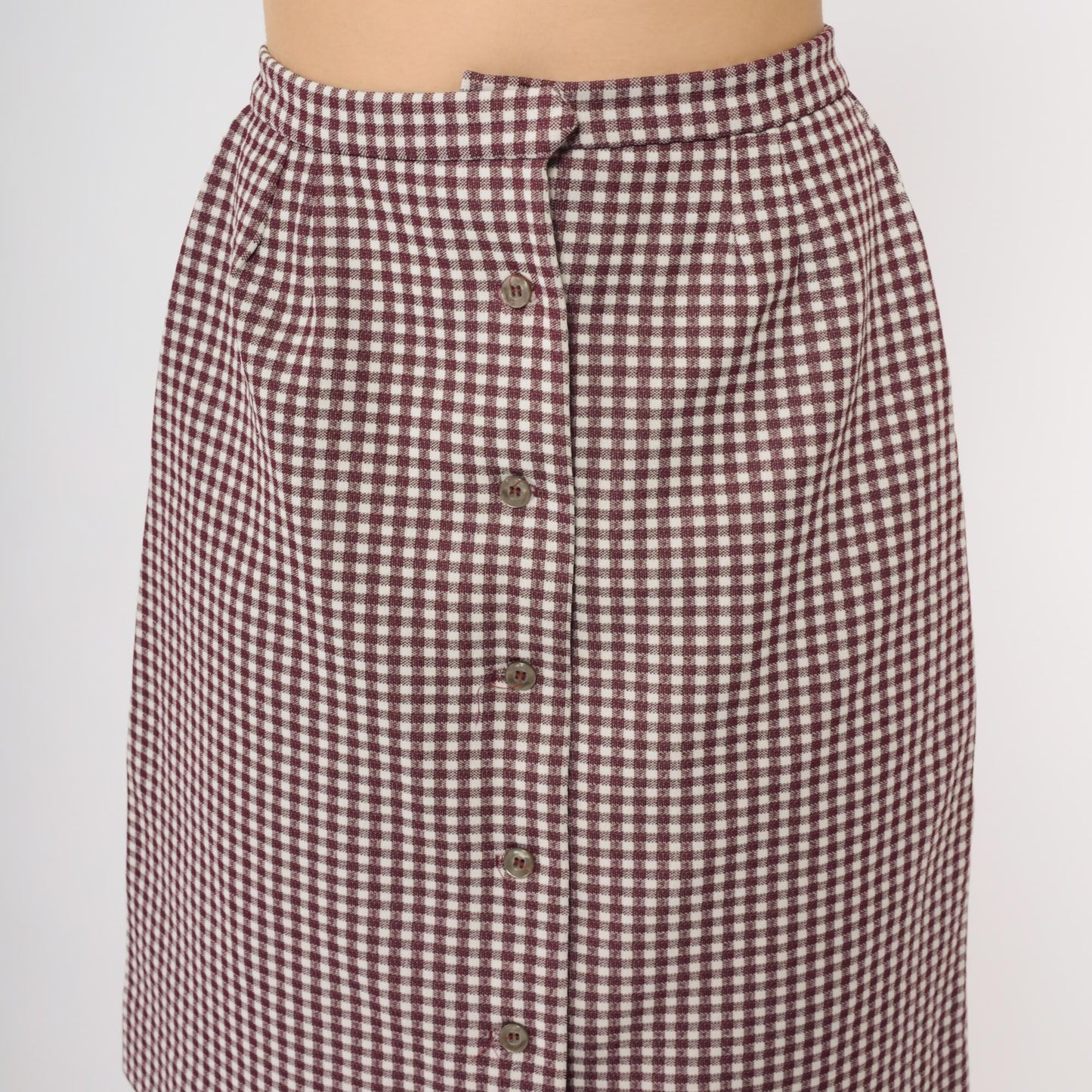 70s Burgundy Gingham Mini Skirt Button-Front High-Waist A-Line Small S