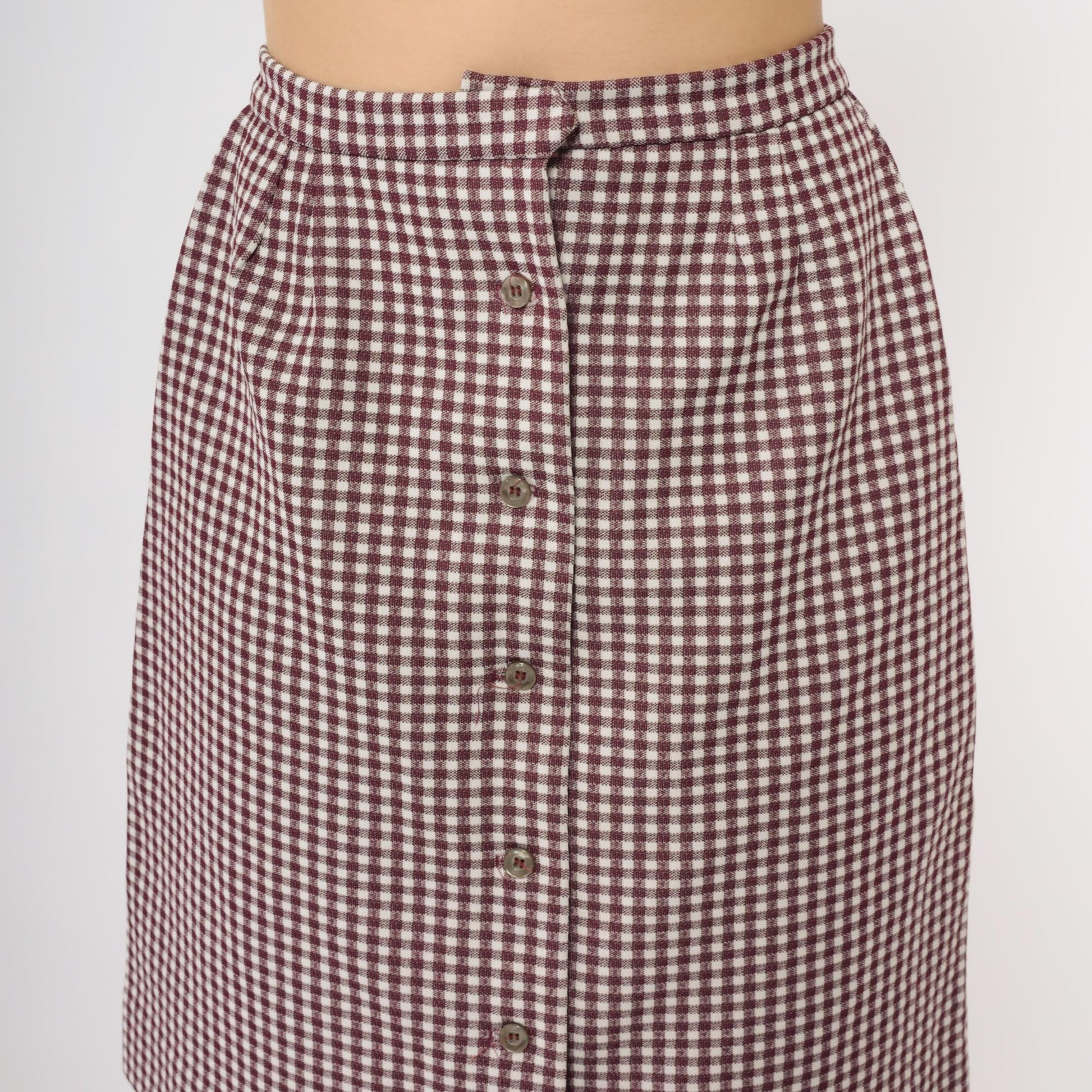 70s Burgundy Gingham Mini Skirt Button-Front High-Waist A-Line Small S