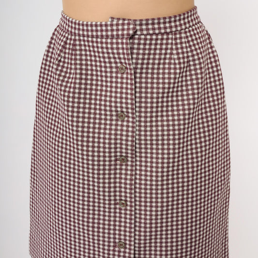 70s Burgundy Gingham Mini Skirt Button-Front High-Waist A-Line Small S