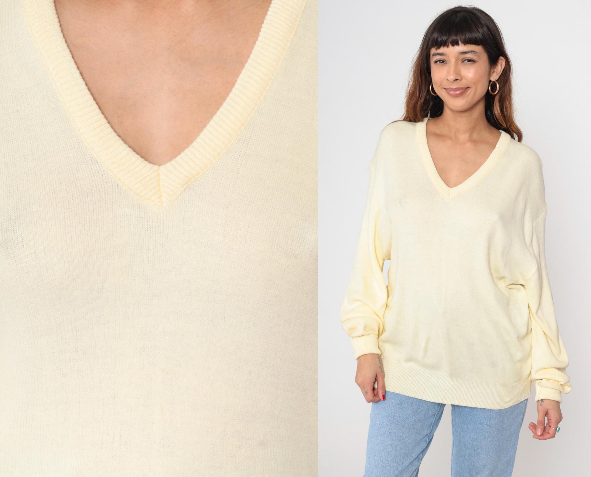 80s Pastel Yellow V-Neck Knit Sweater Pullover Medium M
