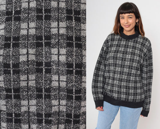 90s Belvedere Checkered Wool Sweater Black White Grey Crewneck Medium
