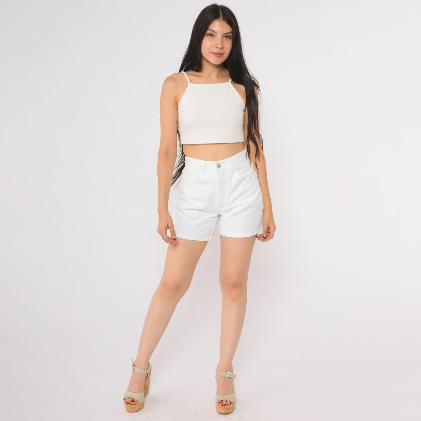 90s Just USA White Denim Shorts High Waisted Cotton Five Pocket Small 5