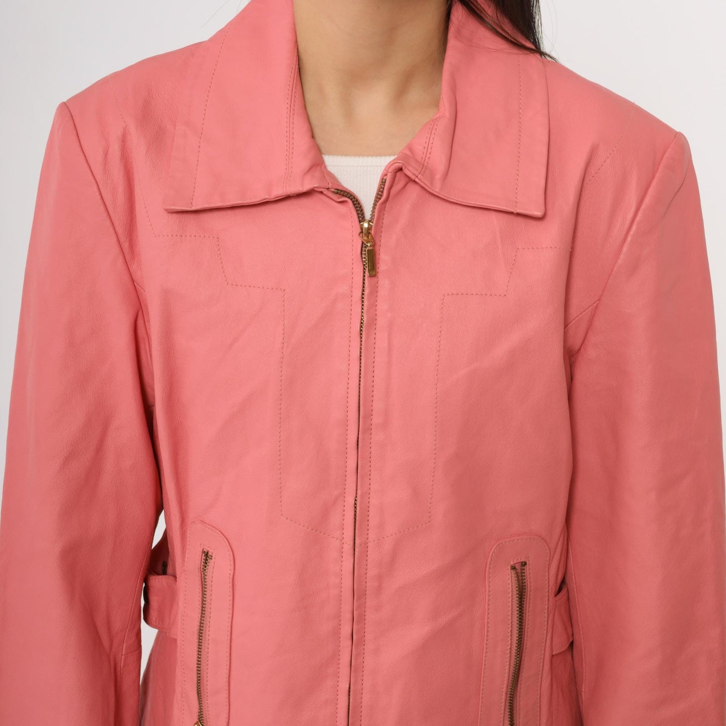 Y2K Pink Leather Moto Jacket Pamela McCoy Collections Zip Front Large L