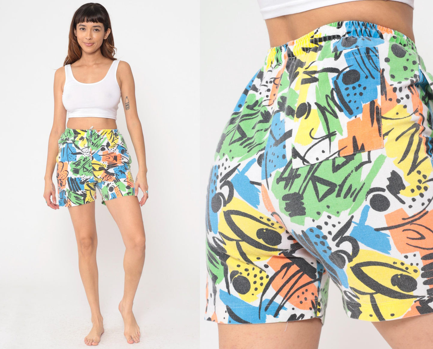 90s Abstract Print High Waisted Wide Leg Shorts Colorful Small S