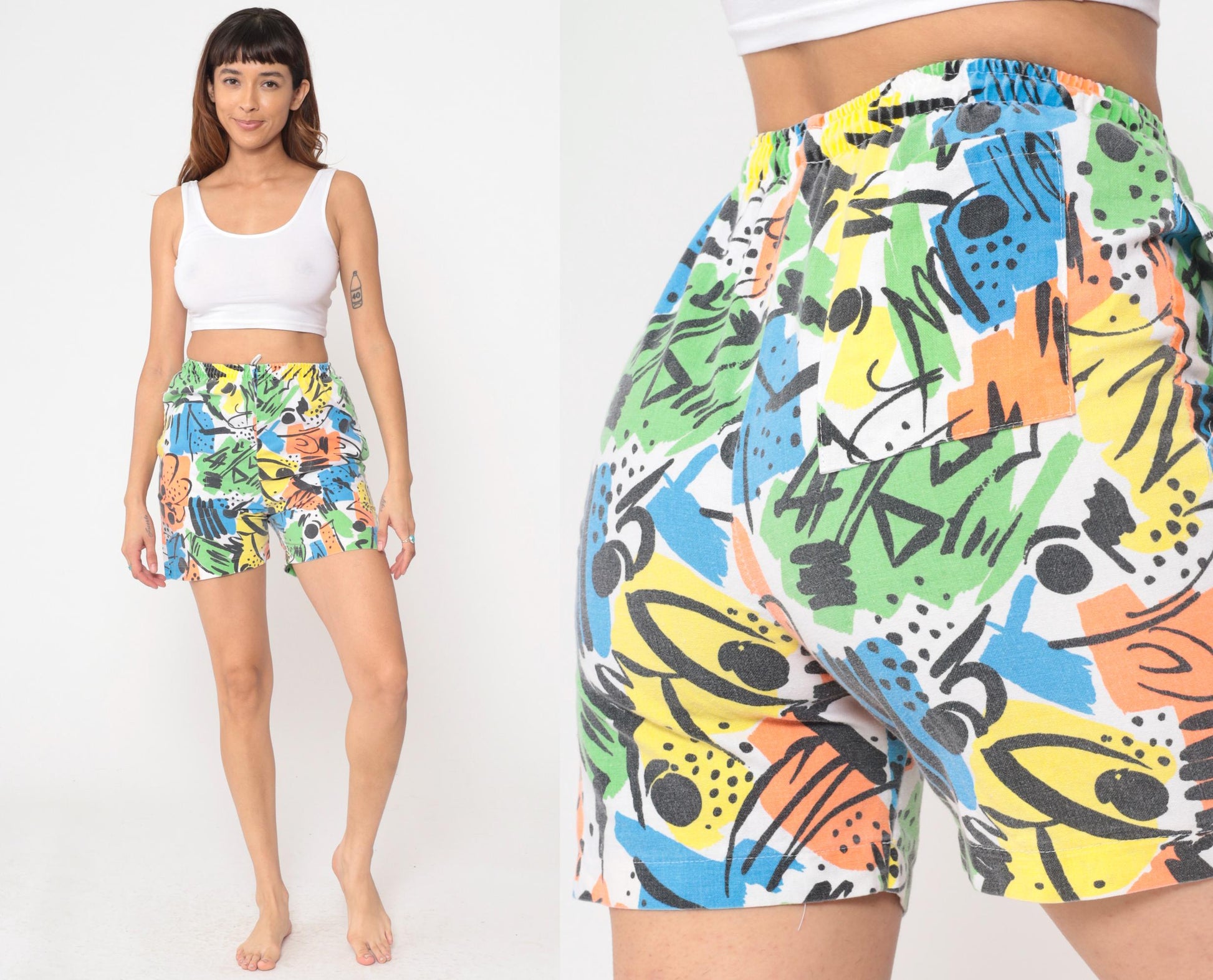 90s Abstract Print High Waisted Wide Leg Shorts Colorful Small S