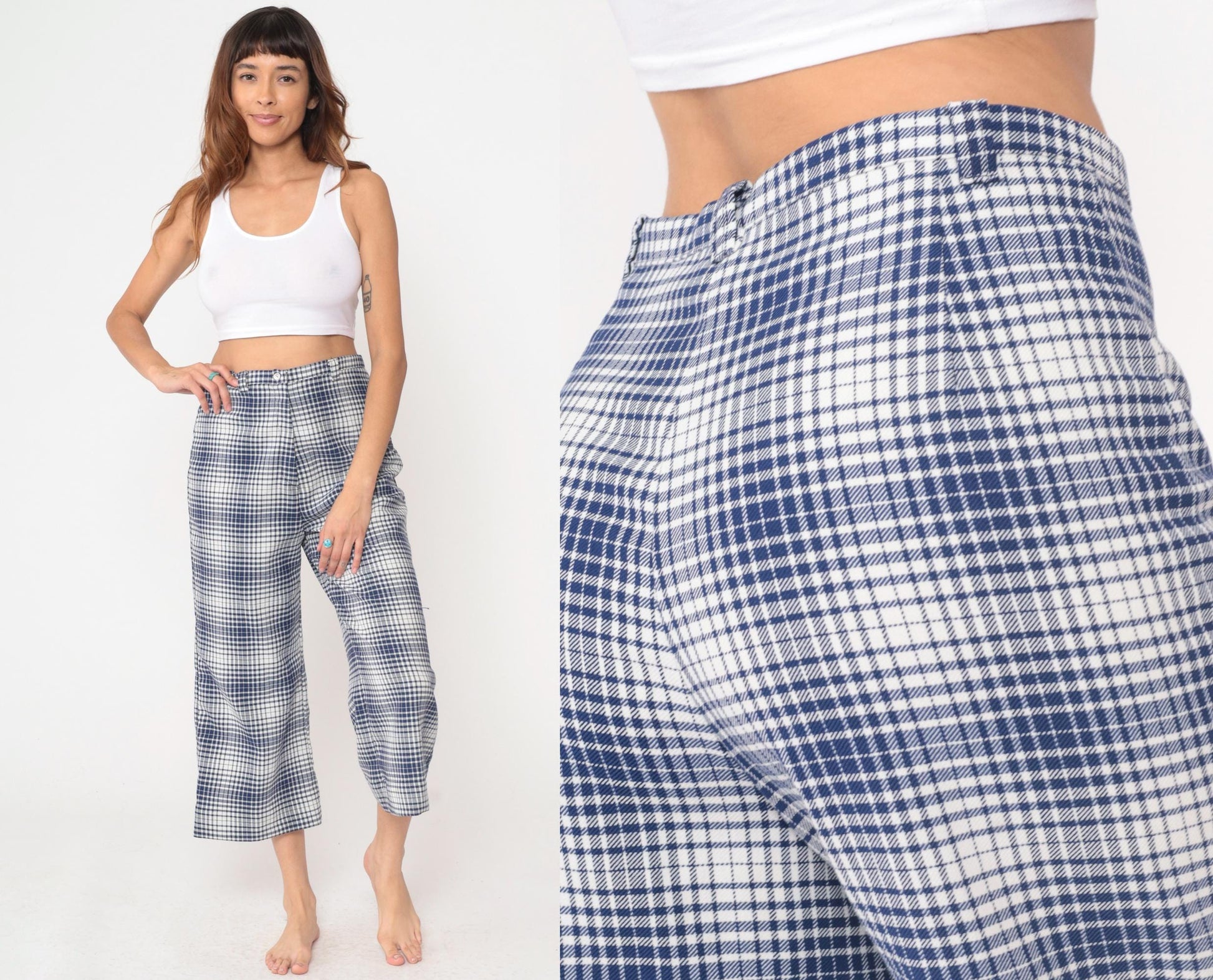 70s Jantzen Gingham Pants Blue White Checkered High Waisted Wide Leg Cropped Medium