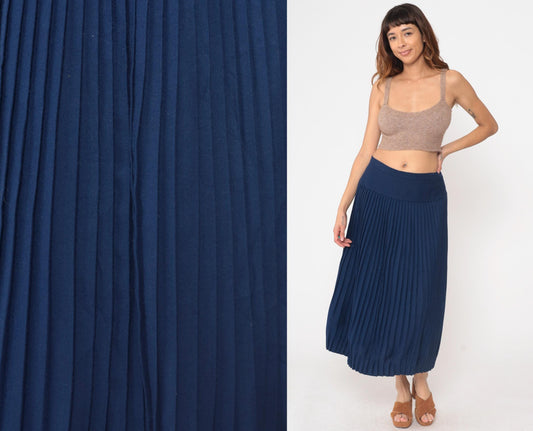 80s Saks Fifth Avenue Navy Wool Pleated Midi Skirt High Waisted Medium