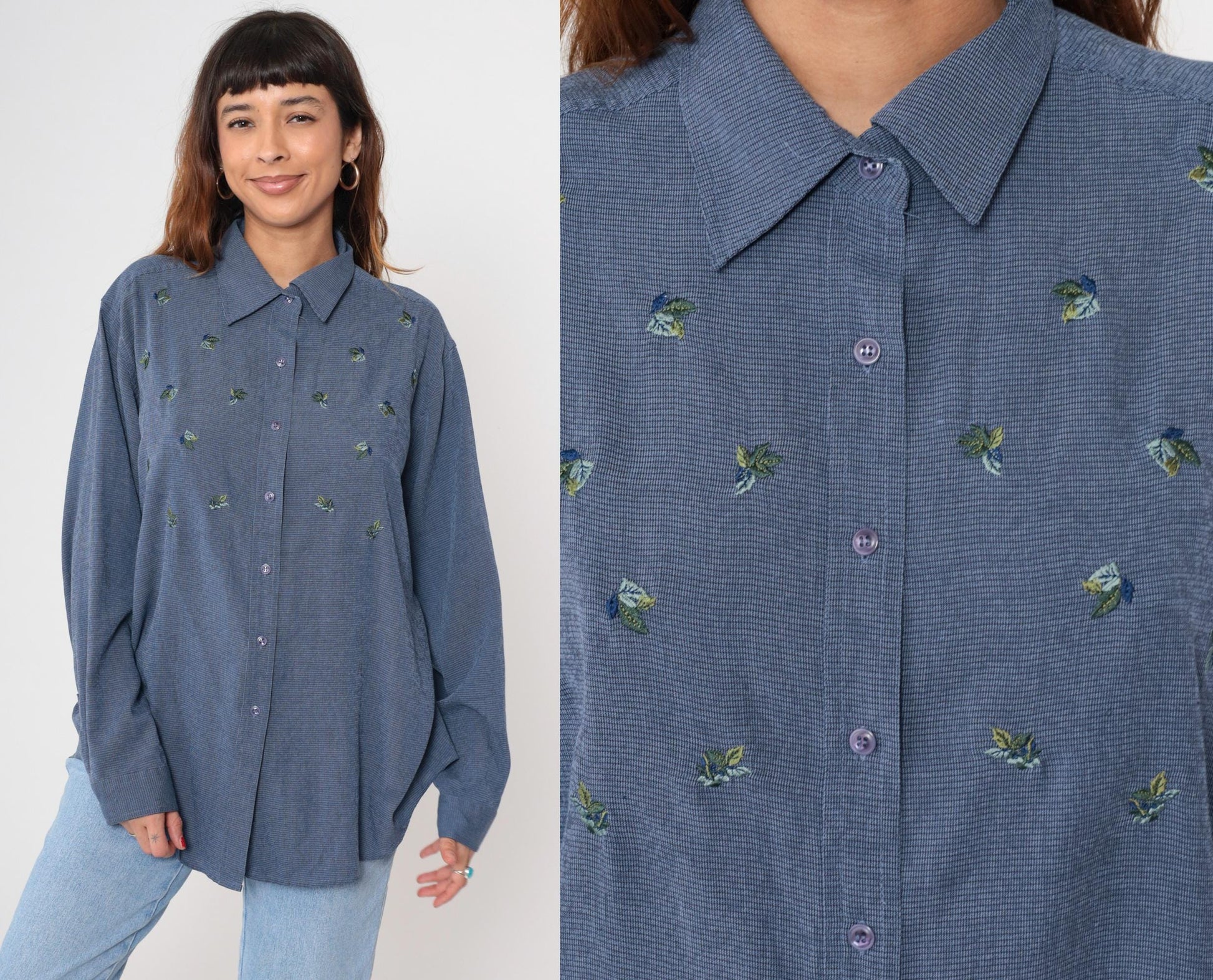 Y2K Blue Floral Button-Down Shirt Long Sleeve Pointed Collar Extra Large