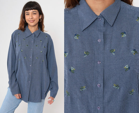 Y2K Blue Floral Button-Down Shirt Long Sleeve Pointed Collar Extra Large