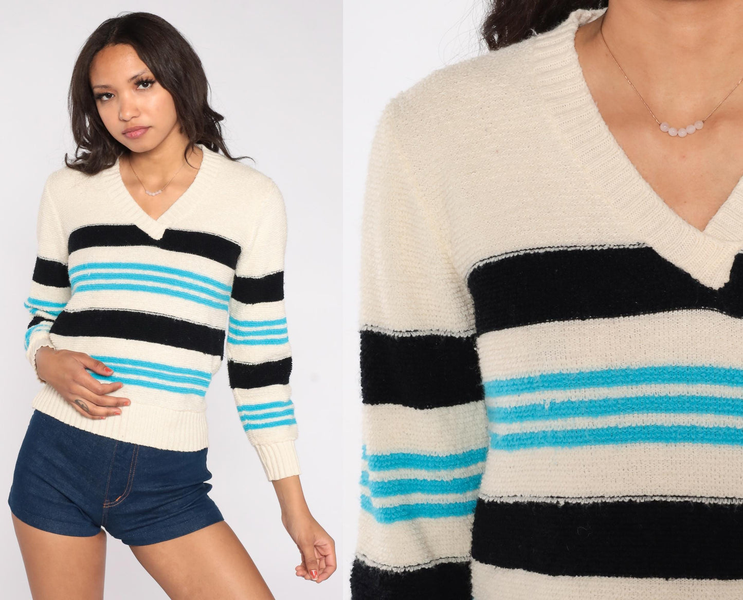 70s Originals by Julie Striped V-Neck Sweater Turquoise Navy Cream Small