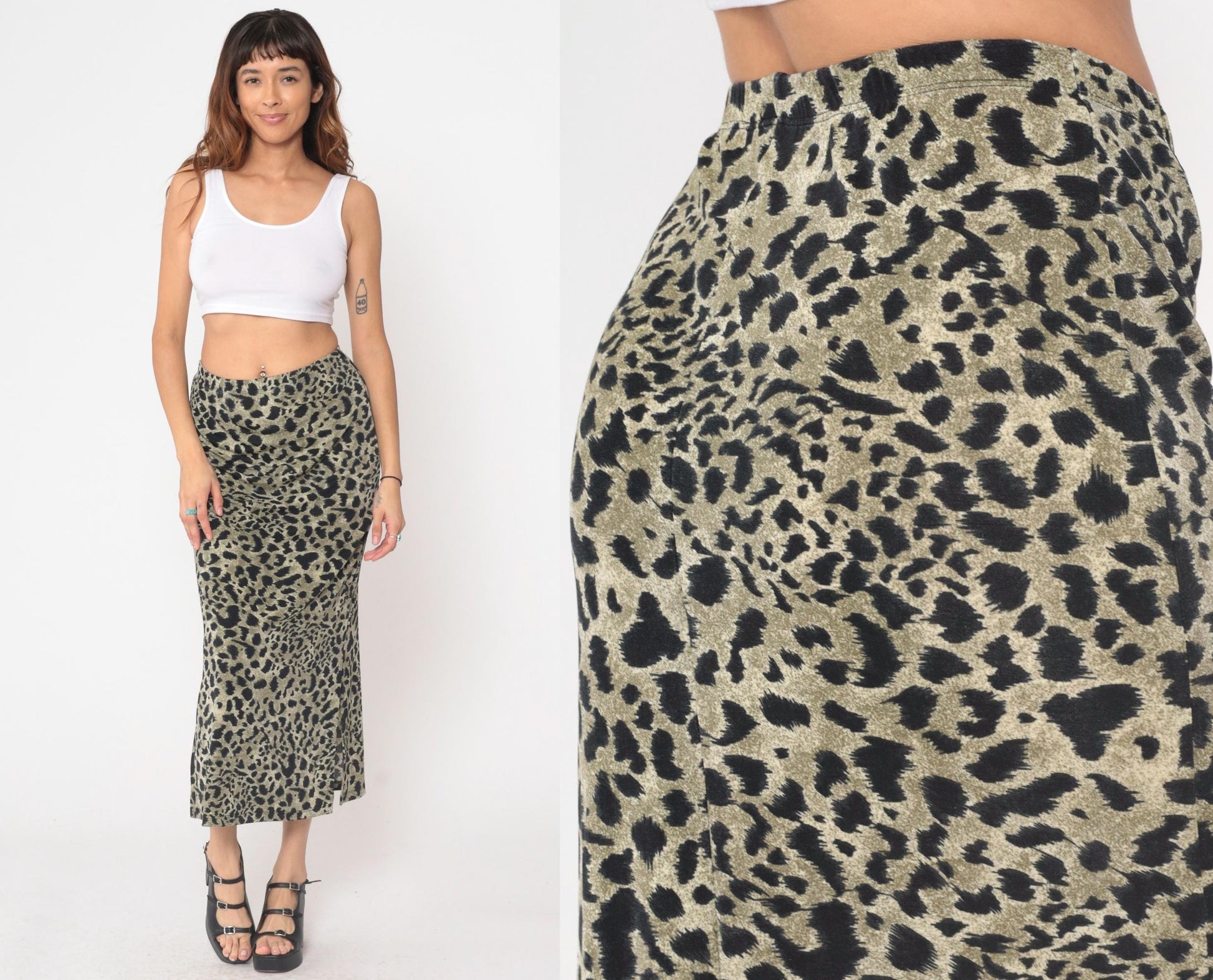 90s Impressions Leopard Print Maxi Skirt High Waist Black Olive Small S