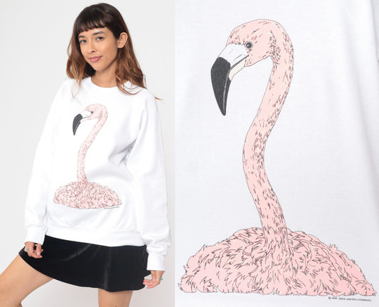 90s Oneita Power Sweats Flamingo Graphic Sweatshirt White Pink Extra Large XXL