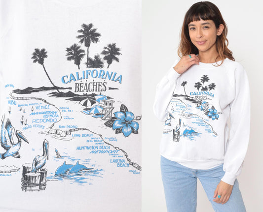 90s California Beaches Map Sweatshirt White Cotton Graphic Medium