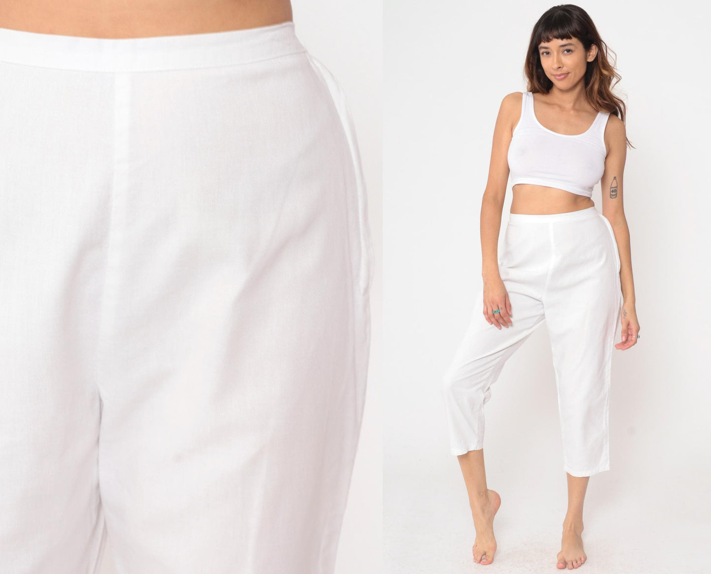 60s White High-Waisted Cropped Pants Cotton Straight Leg Small