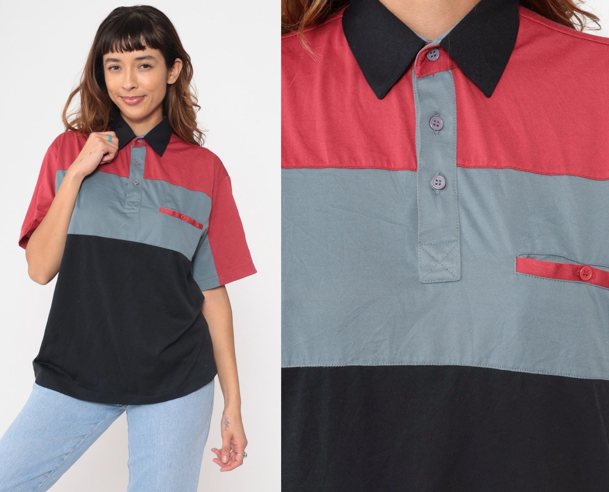 90s Color Block Polo Shirt Red Grey Black Horizontal Stripes Medium M