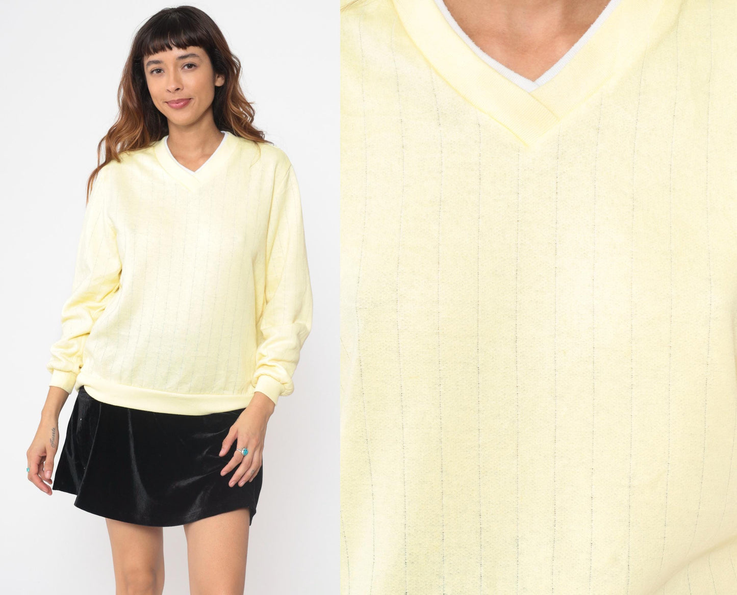 90s Yellow V-Neck Pullover Sweatshirt Preppy Ribbed Trim Large L