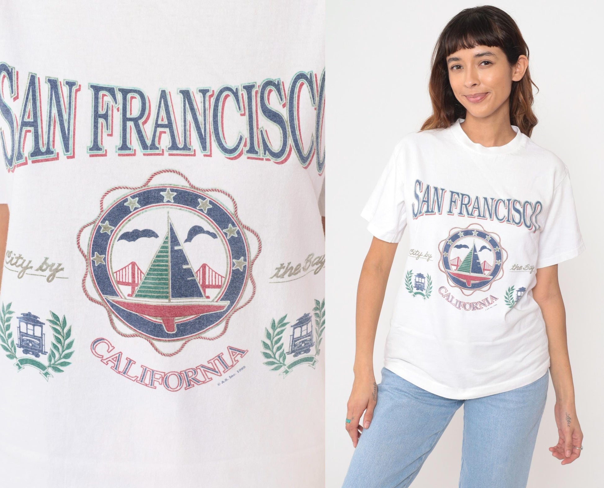 90s San Francisco Cable Car White Graphic T-Shirt Cotton Medium M