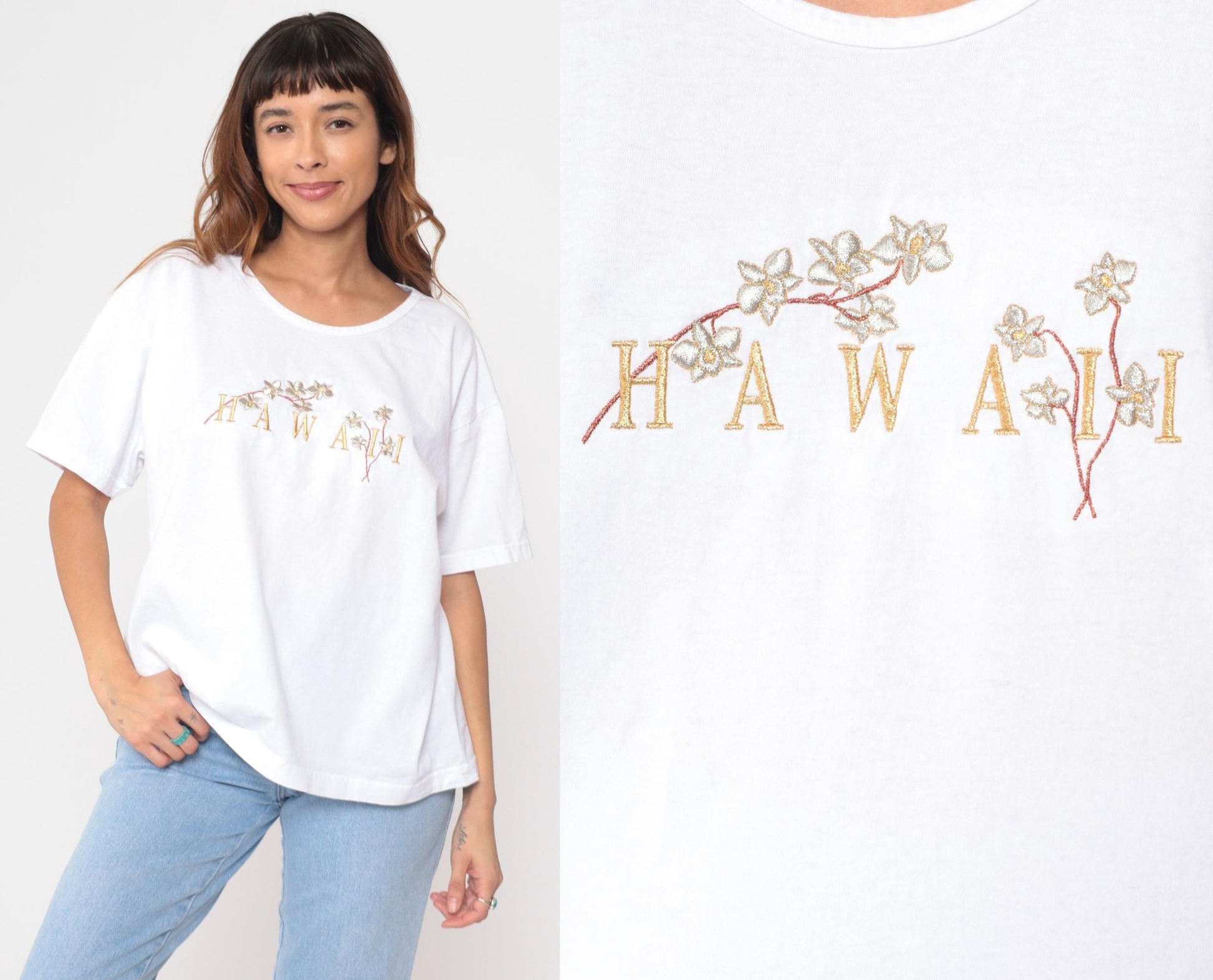 90s Hawaii White Cotton T-Shirt Embroidered Floral Graphic Extra Large XL