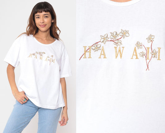 90s Hawaii White Cotton T-Shirt Embroidered Floral Graphic Extra Large XL