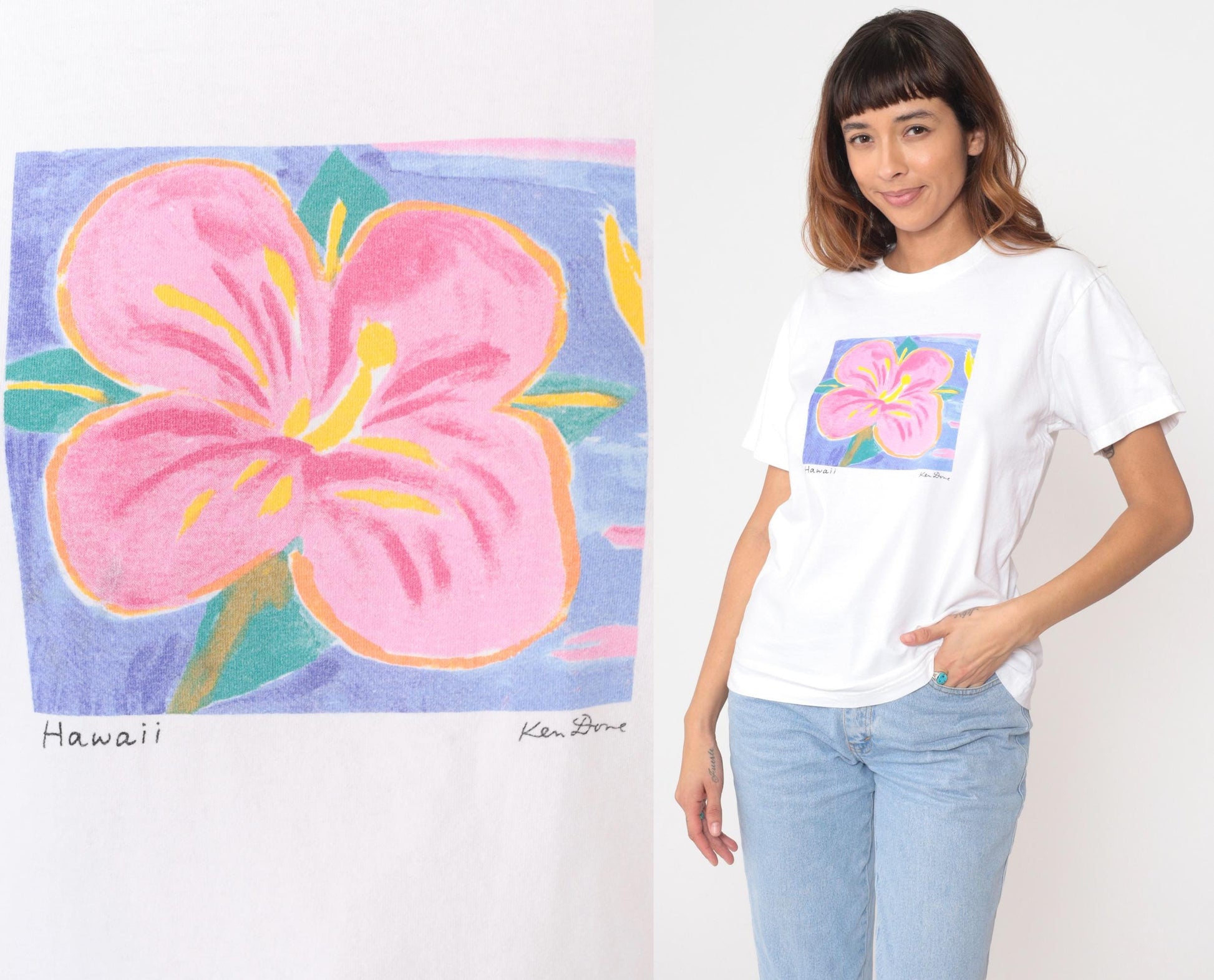 90s Hawaii Hibiscus Flower Graphic T-Shirt White Single Stitch Medium