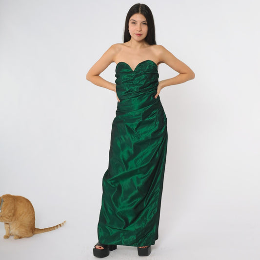 80s Alfred Angelo Green Strapless Formal Gown Sweetheart Ruched Bodice Medium M