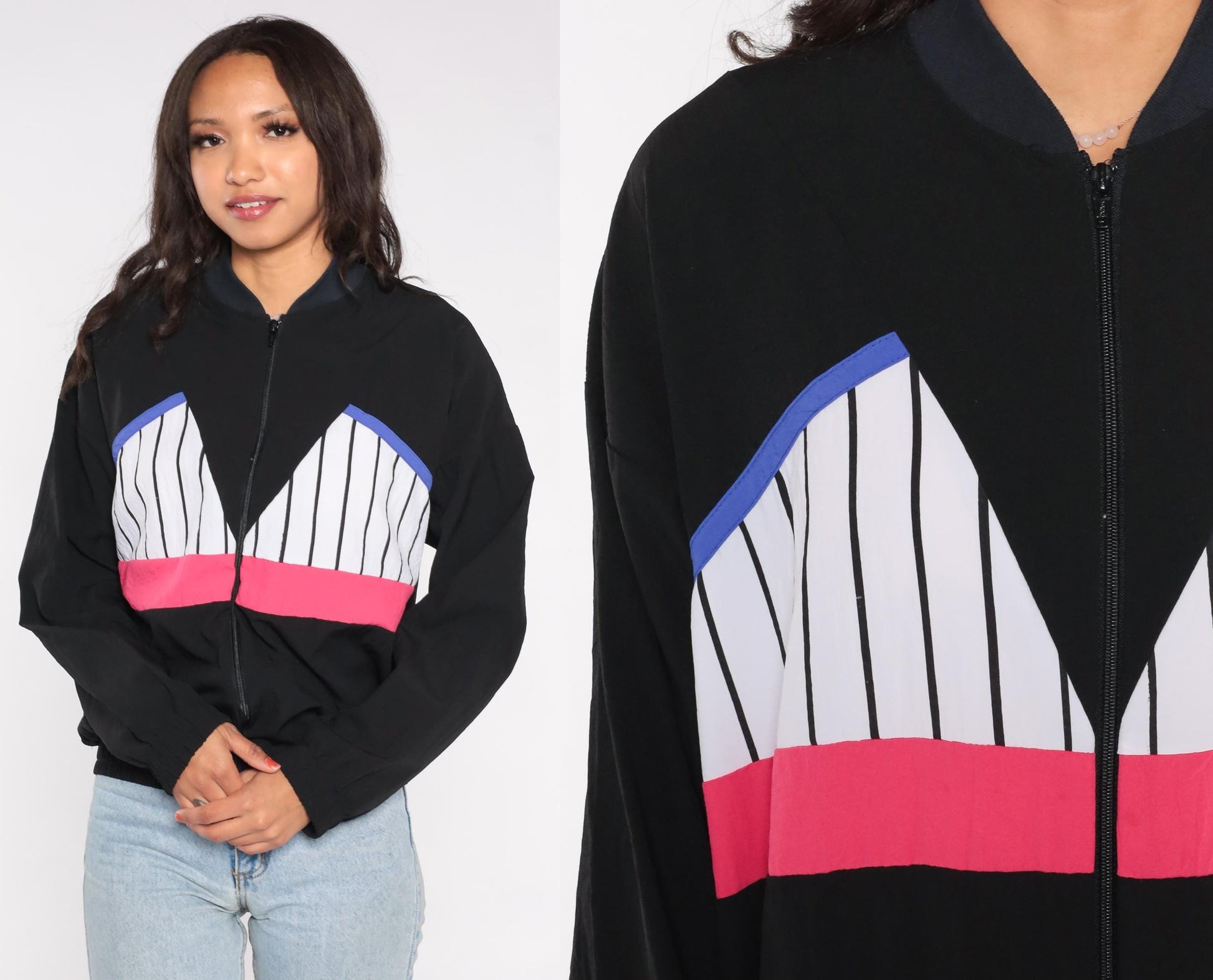 90s USA Sport Club Track Jacket Black Colorblock Striped Windbreaker Medium
