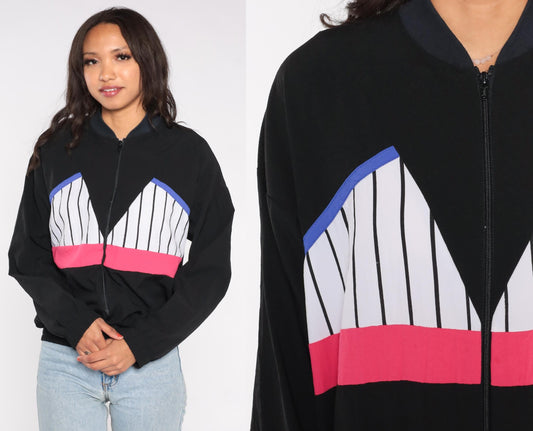 90s USA Sport Club Track Jacket Black Colorblock Striped Windbreaker Medium