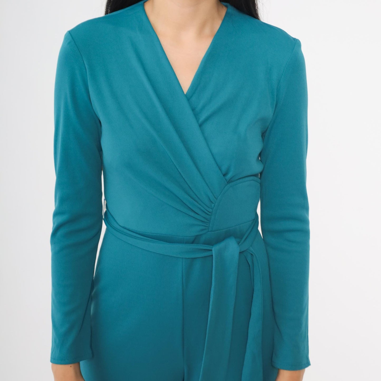 70s Turquoise Wrap Front Jumpsuit Bell Bottom Wide Leg V Neck Small