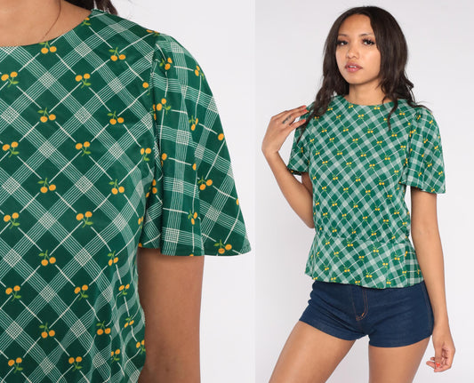 70s Green Argyle Cherry Print Blouse Flutter Sleeve Small S