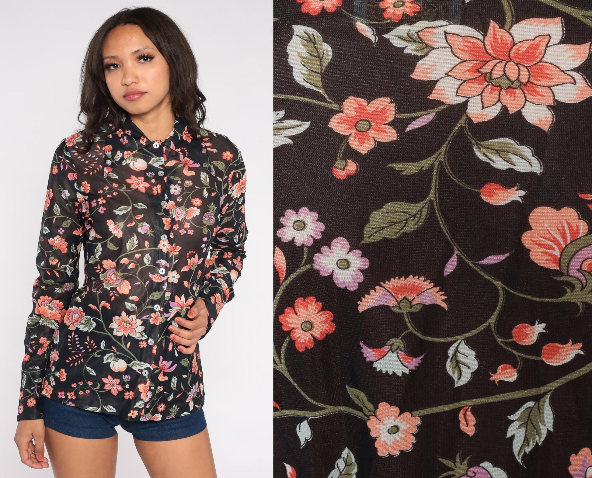 70s Rina California Black Floral Blouse Long Sleeve Botanical Print Small