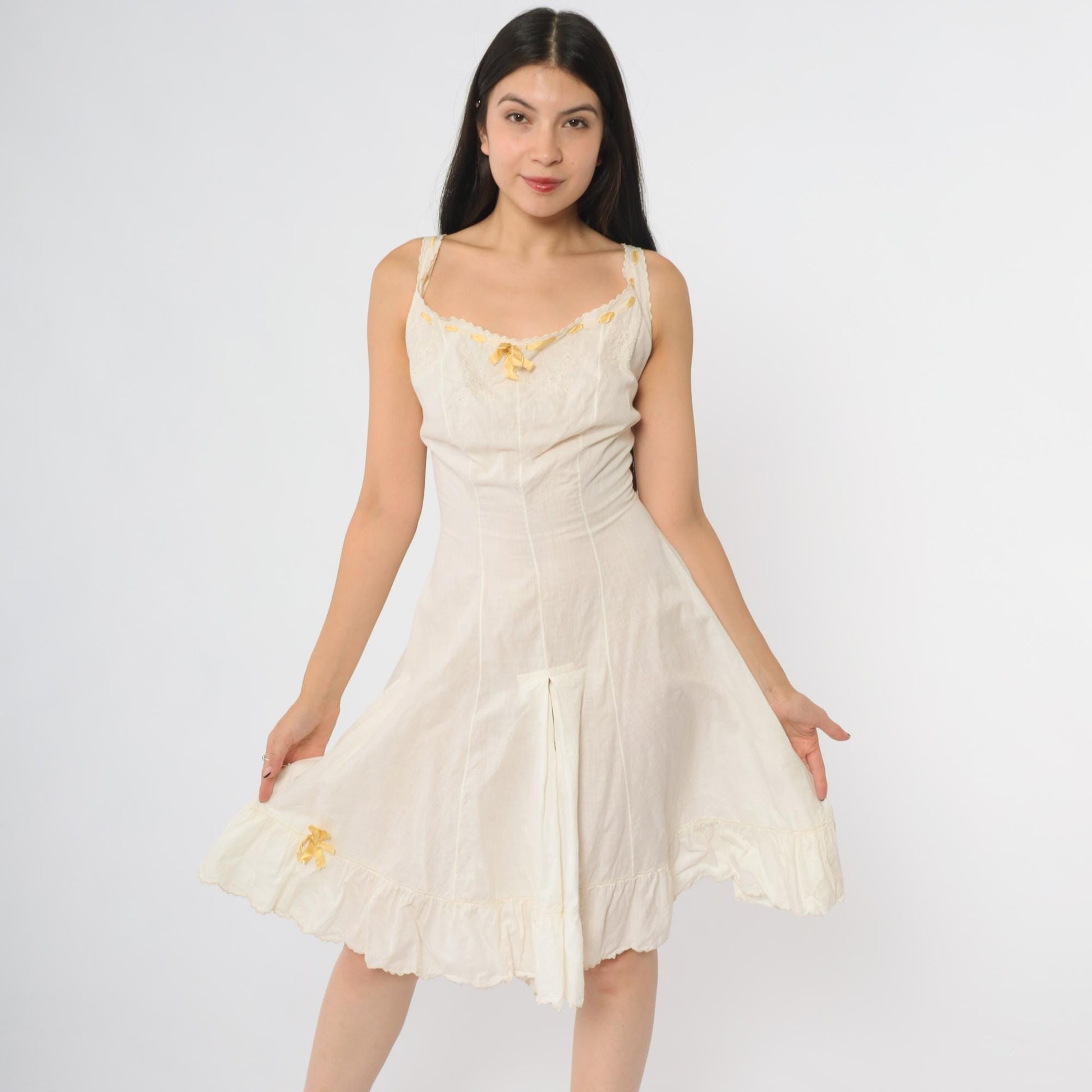 1930s White Cotton Step-In Chemise Embroidered Yellow Ribbon Trim Extra Small XS