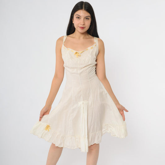 1930s White Cotton Step-In Chemise Embroidered Yellow Ribbon Trim Extra Small XS