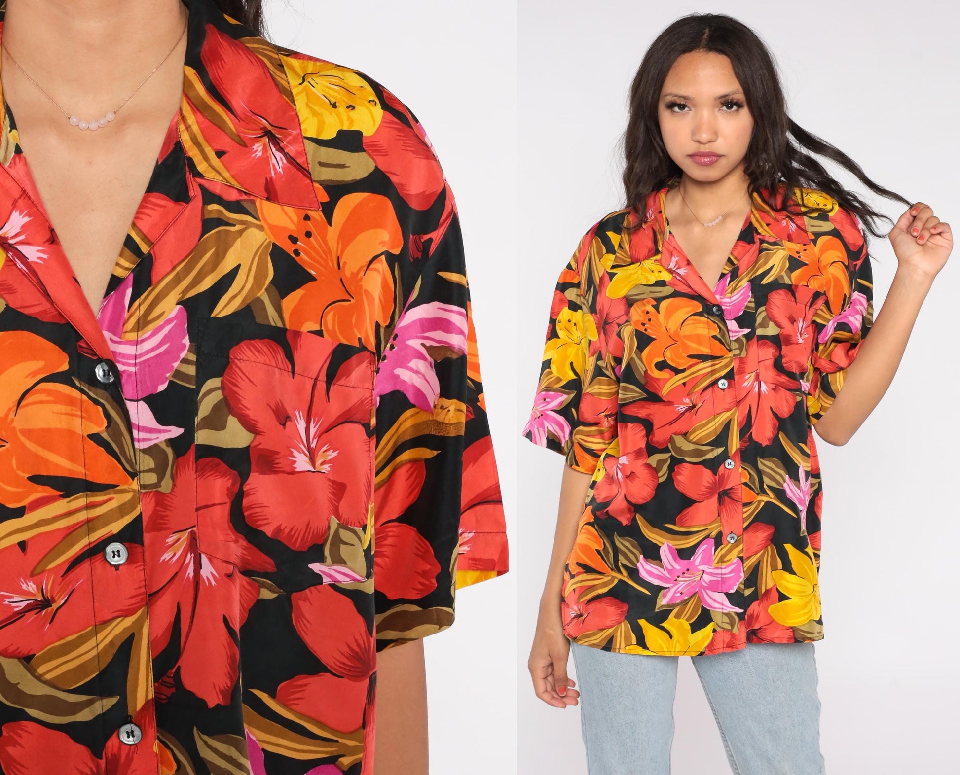 90s Partners Mervyns Hawaiian Silk Shirt Tropical Floral Camp Collar Large L