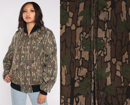 90s Camo Bomber Jacket Bark Tree Leaf Print Quilted Lined Medium